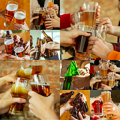 Image showing Collage of hands of young friends, colleagues during beer drinking, having fun, laughting and celebrating together. Collage, design