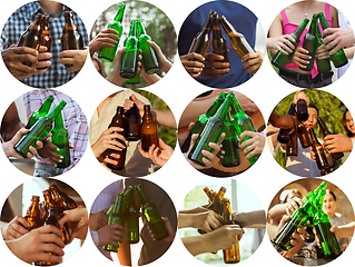 Image showing Collage of hands of young friends, colleagues during beer drinking, having fun, laughting and celebrating together. Collage, design