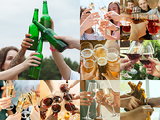 Image showing Collage of hands of young friends, colleagues during beer drinking, having fun, laughting and celebrating together. Collage, design