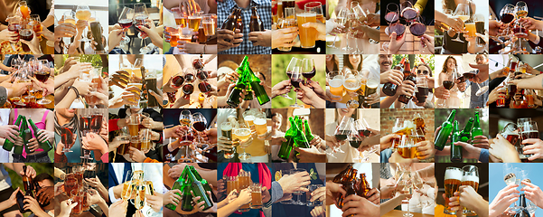 Image showing Collage of hands of young friends, colleagues during beer drinking, having fun, laughting and celebrating together. Collage, design