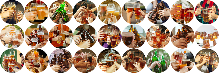 Image showing Collage of hands of young friends, colleagues during beer drinking, having fun, laughting and celebrating together. Collage, design