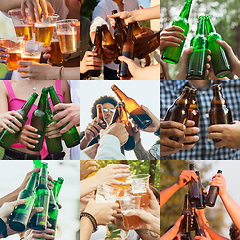 Image showing Collage of hands of young friends, colleagues during beer drinking, having fun, laughting and celebrating together. Collage, design