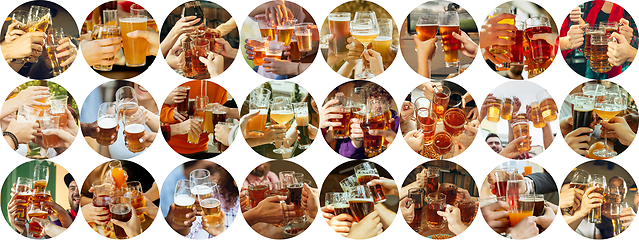 Image showing Collage of hands of young friends, colleagues during beer drinking, having fun, laughting and celebrating together. Collage, design