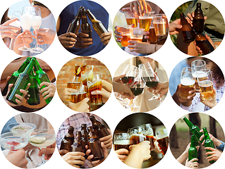 Image showing Collage of hands of young friends, colleagues during beer drinking, having fun, laughting and celebrating together. Collage, design