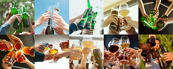 Image showing Collage of hands of young friends, colleagues during beer drinking, having fun, laughting and celebrating together. Collage, design