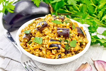 Image showing Bulgur with eggplant in bowl on white board