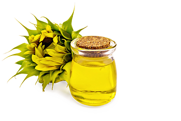 Image showing Oil sunflower in jar with flower