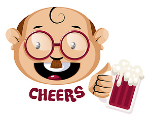 Image showing Nerdy human emoji holding a glass of beer, illustration, vector 