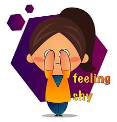 Image showing Cute girl with brown ponytail feeling shy, illustration, vector 