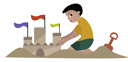 Image showing Image of boy building sand castle, vector or color illustration.