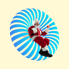 Image showing Emotional Santa Claus greeting with Christmas and New Year 2021. Copyspace, art collage.