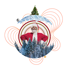 Image showing Emotional Santa Claus greeting with Christmas and New Year 2021. Copyspace, line design, art collage.