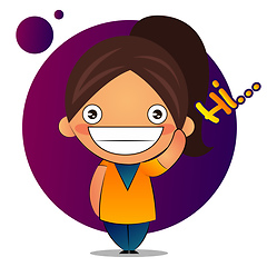 Image showing Girl with brown ponytail says hi, illustration, vector on white 