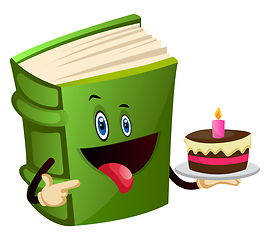 Image showing Green book is holding a cake, illustration, vector on white back