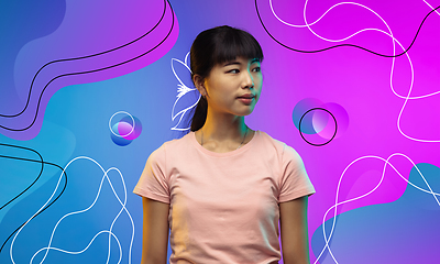 Image showing Asian young woman\'s portrait isolated on bright, modern illustrated background.