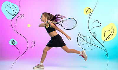 Image showing Little tennis girl in black sportwear isolated on modern illustrated background.