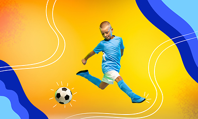 Image showing Little boy, soccer player isolated on bright modern illustrated background.