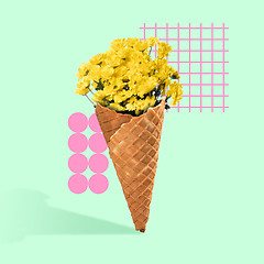 Image showing Contemporary art collage. Ice cream cone filled with yellow golden-daisy on blue-green background. Modern design.