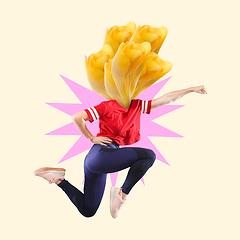 Image showing Jumping woman in red T-shirt headed by yellow flowers on modern illustrated background. Contemporary art collage.