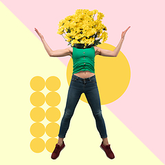 Image showing Woman\'s body headed by bunch of yellow flowers standing on modern illustrated background. Contemporary art collage.