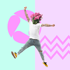 Image showing Man\'s body headed by bunch of pink roses jumping on modern illustrated background. Contemporary art collage.