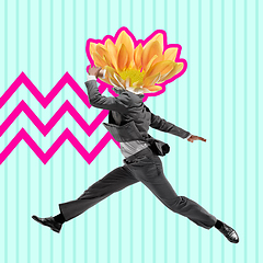 Image showing Office man in grey suit like a ballet dancer or performer with yellow flower as a head on blue background. Contemporary art collage