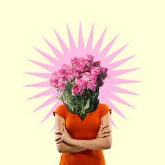 Image showing Contemporary art collage. A woman\'s body with bunch of beautiful pink roses as a head on yellow studio background.