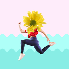 Image showing Jumping woman\'s body in sportswear headed by yellow flower on modern illustrated background. Contemporary art collage.