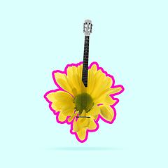 Image showing Contemporary art collage. Yellow flower with pink outline as a body of acoustic guitar on light background.