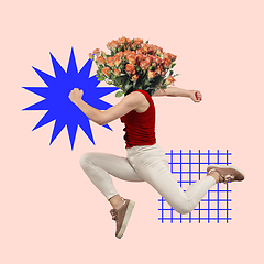 Image showing Jumping woman in red T-shirt headed by bunch of roses on modern illustrated background. Contemporary art collage.