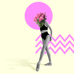 Image showing Ballet dancer or performer with pink roses as a head on line art background. Contemporary art collage