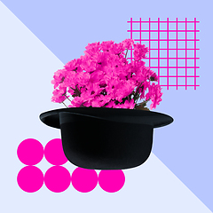 Image showing Contemporary art collage. Black hat with bunch of pink chrysanthemums on modern illustrated background.