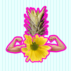 Image showing Contemporary art collage. Yellow flower with pink outline as a human body on light background.