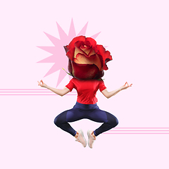 Image showing Young woman in red T-shirt practicing yoga headed by tea-rose flower on pink background. Contemporary art collage.