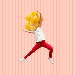 Image showing Dancing man\'s body in bright clothes headed by yellow flowers on modern illustrated background. Contemporary art collage.