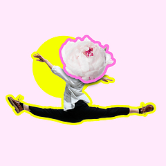 Image showing Office woman like a ballet dancer or performer with white flower as a head on pink background. Contemporary art collage