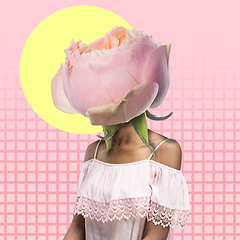 Image showing Contemporary art collage. A woman\'s body with beautiful rose as a head on modern illustrated background.