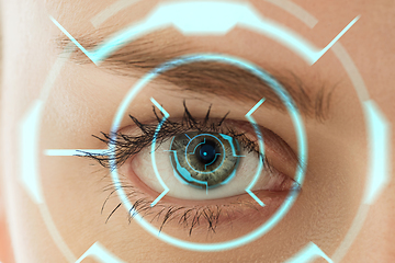 Image showing Future woman with cyber technology eye panel, cyberspace interface, ophthalmology concept