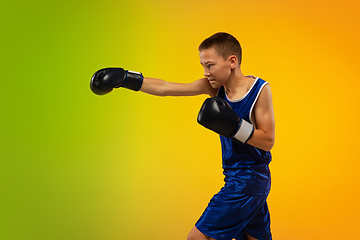 Image showing Teenage boxer against gradient neon studio background in motion of kicking, boxing