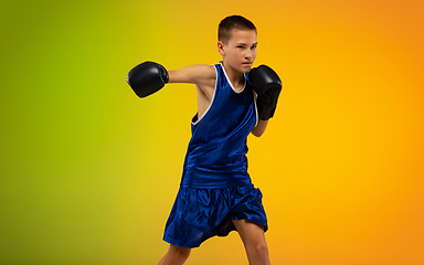 Image showing Teenage boxer against gradient neon studio background in motion of kicking, boxing