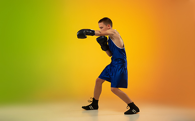 Image showing Teenage boxer against gradient neon studio background in motion of kicking, boxing