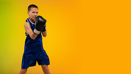 Image showing Teenage boxer against gradient neon studio background in motion of kicking, boxing