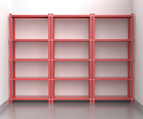 Image showing Red metal shelving units