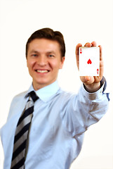 Image showing Businessman holding a ace casino card,clipping path included