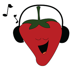 Image showing Strawberry listening to music, vector or color illustration.