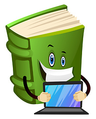 Image showing Green book is holding a laptop, illustration, vector on white ba