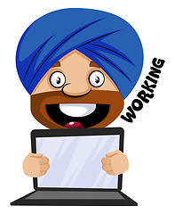Image showing Muslim human emoji with his laptop, illustration, vector on whit