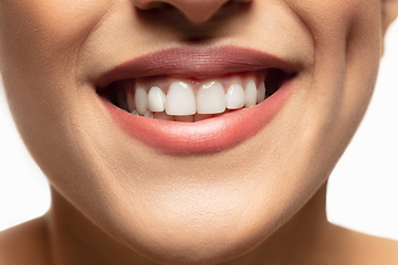 Image showing Close-up shoot of beautiful female lips with natural lipstick make up