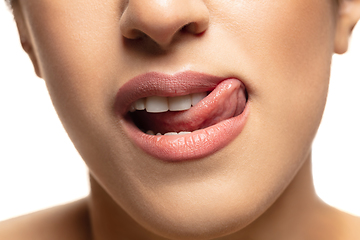 Image showing Close-up shoot of beautiful female lips with natural lipstick make up