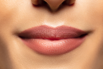 Image showing Close-up shoot of beautiful female lips with natural lipstick make up
